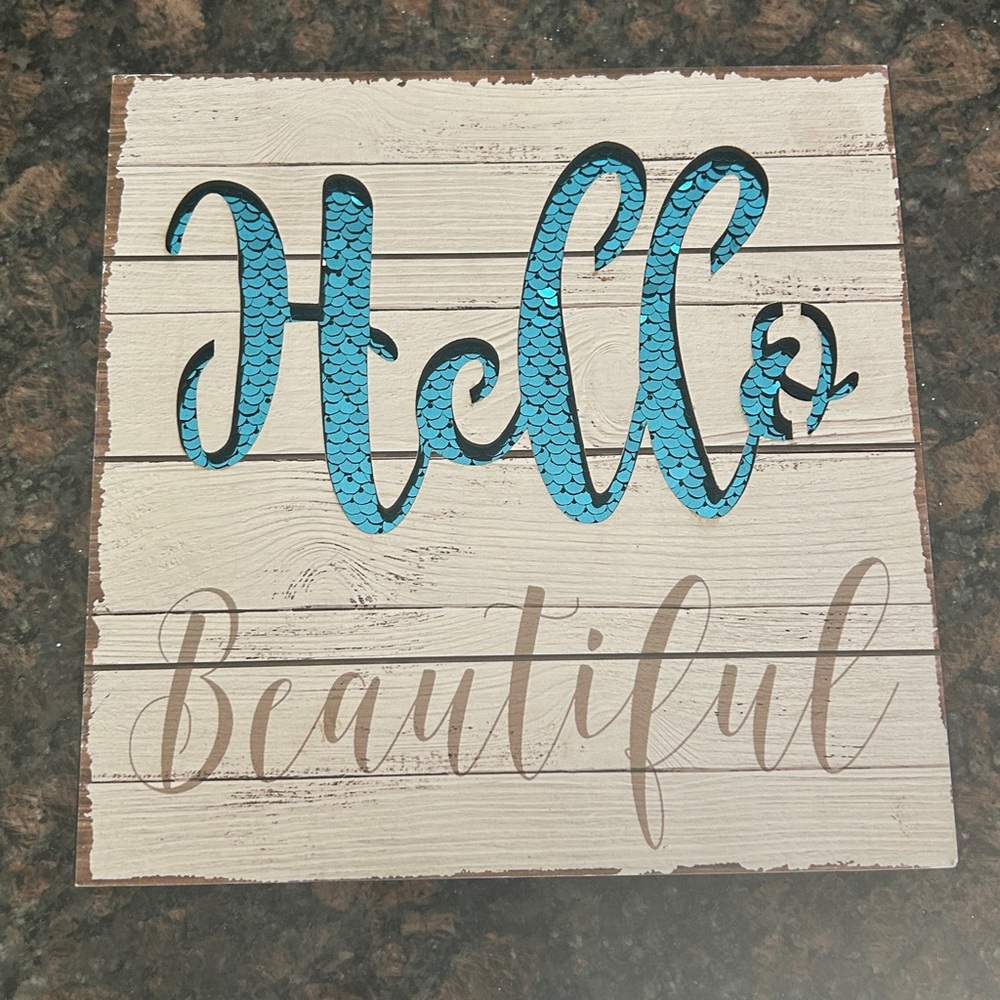 Hello Beautiful Wall Art Sequin Sea Decor Rustic Mermaid Glam Pool Kids Art